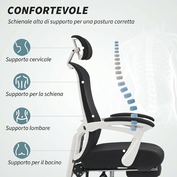 HOMCOM Sedia Ufficio Reclinabile 135° con Poggiapiedi, Supporto Lombare, Poggiatesta, Altezza Regolabile, in Rete, Nero | Aosom Italy