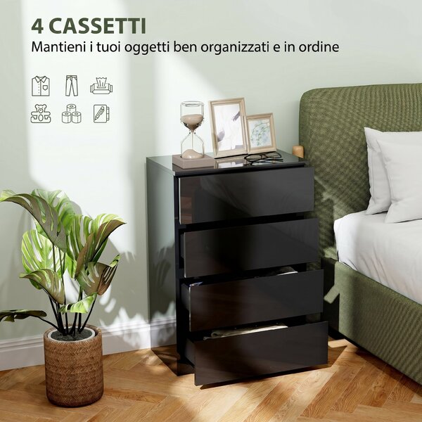 HOMCOM Cassettiera 4 cassetti in legno per camera da letto, 55x33x80 cm, Nero | Aosom Italy
