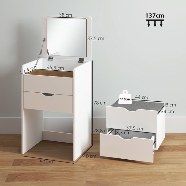 HOMCOM Toeletta 3 in 1 con Specchio Ribaltabile e Sgabello, con Cassetti, Bianco | Aosom Italy