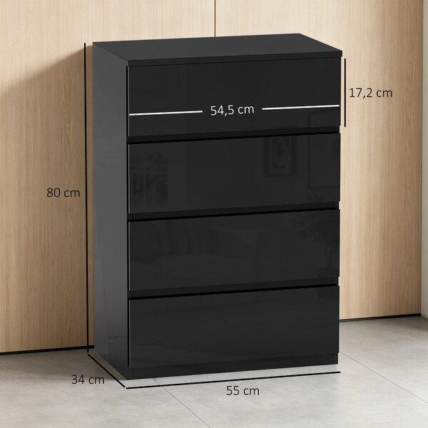 HOMCOM Cassettiera 4 cassetti in legno per camera da letto, 55x33x80 cm, Nero | Aosom Italy