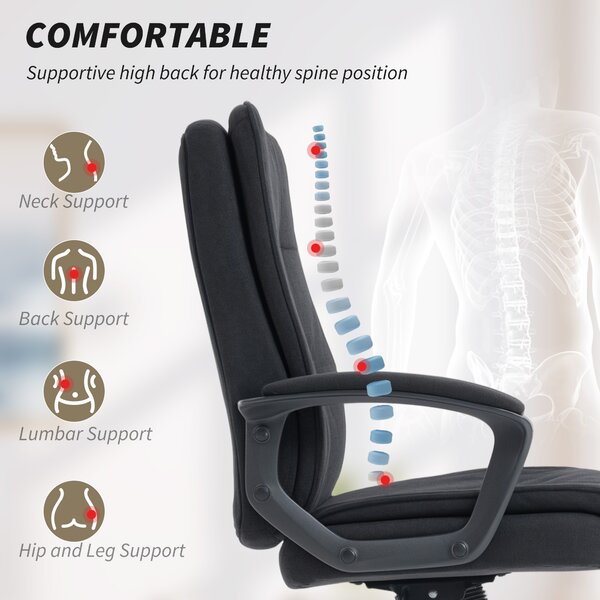 HOMCOM Sedia Ufficio Ergonomica in Tessuto Effetto Lino, Altezza Regolabile, Funzione Dondolo, Capacità 120 kg, Nero | Aosom Italy