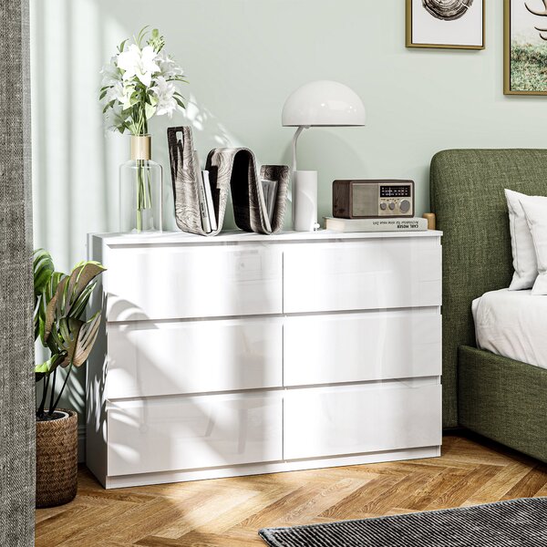 HOMCOM Cassettiera 6 Cassetti in Legno, Comò per Camera da Letto Moderno e Multiuso, 112x34x75 cm, Bianco | Aosom Italy