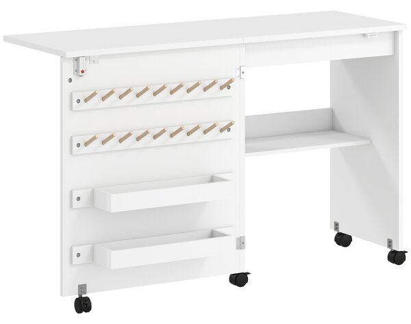 HOMCOM Tavolo per Macchina da Cucire Pieghevole con Porta Magnetica 2 Scomparti Ripiano 18 Supporti per Fili 5 Ruote Bianco | Aosom Italy