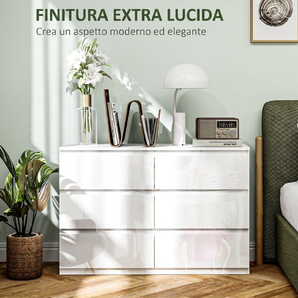 HOMCOM Cassettiera 6 Cassetti in Legno, Comò per Camera da Letto Moderno e Multiuso, 112x34x75 cm, Bianco | Aosom Italy