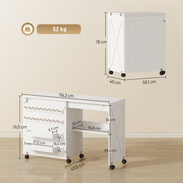 HOMCOM Tavolo per Macchina da Cucire Pieghevole con Porta Magnetica 2 Scomparti Ripiano 18 Supporti per Fili 5 Ruote Bianco | Aosom Italy
