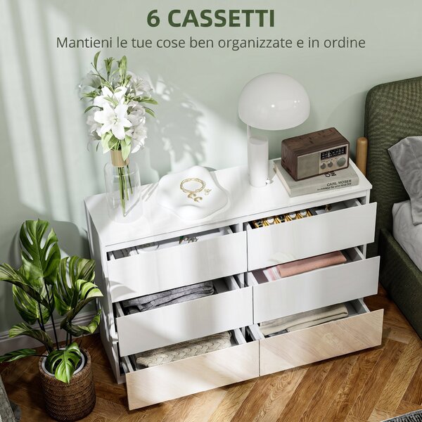 HOMCOM Cassettiera 6 Cassetti in Legno, Comò per Camera da Letto Moderno e Multiuso, 112x34x75 cm, Bianco | Aosom Italy