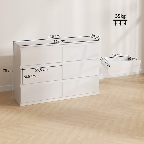 HOMCOM Cassettiera 6 Cassetti in Legno, Comò per Camera da Letto Moderno e Multiuso, 112x34x75 cm, Bianco | Aosom Italy