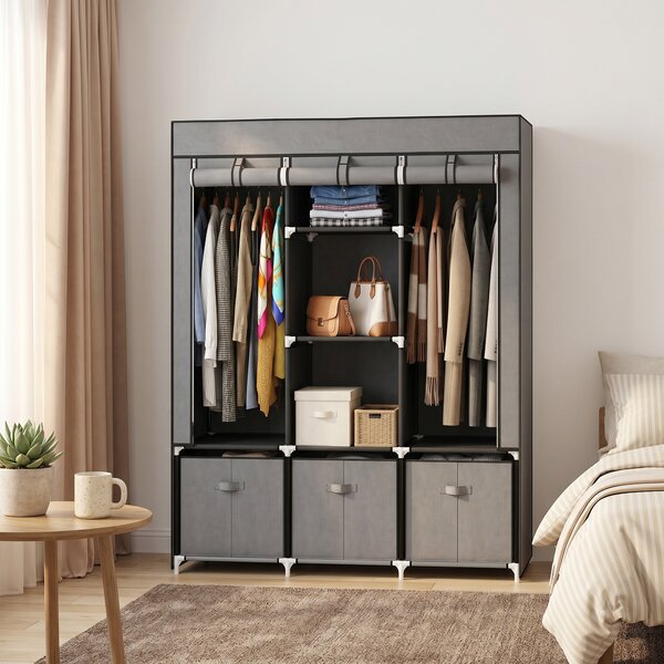 HOMCOM Armadio in Tessuto Pieghevole con Cassetti e Ante Avvolgibili con Zip, 125x43x162.5cm, Grigio Scuro|Aosom