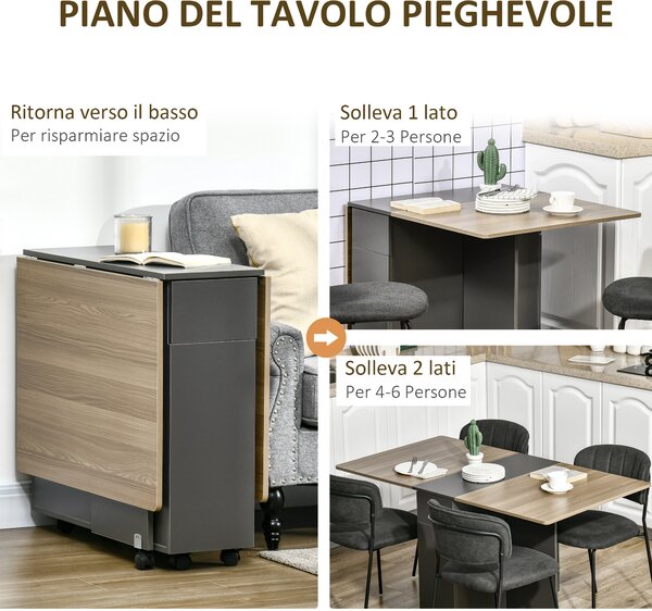 HOMCOM Tavolo Pieghevole Rettangolare da Pranzo in Truciolato con 2 Cassetti, un Armadietto e 6 Ruote, max. 6 Persone, 140x76x74cm, Color Legno|Aosom