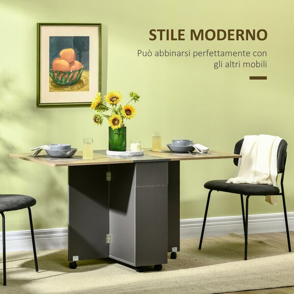 HOMCOM Tavolo Pieghevole Rettangolare da Pranzo in Truciolato con 2 Cassetti, un Armadietto e 6 Ruote, max. 6 Persone, 140x76x74cm, Color Legno|Aosom