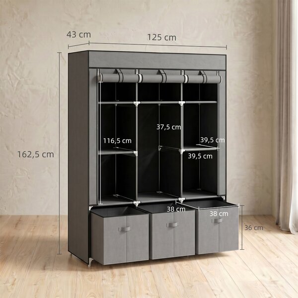 HOMCOM Armadio in Tessuto Pieghevole con Cassetti e Ante Avvolgibili con Zip, 125x43x162.5cm, Grigio Scuro|Aosom