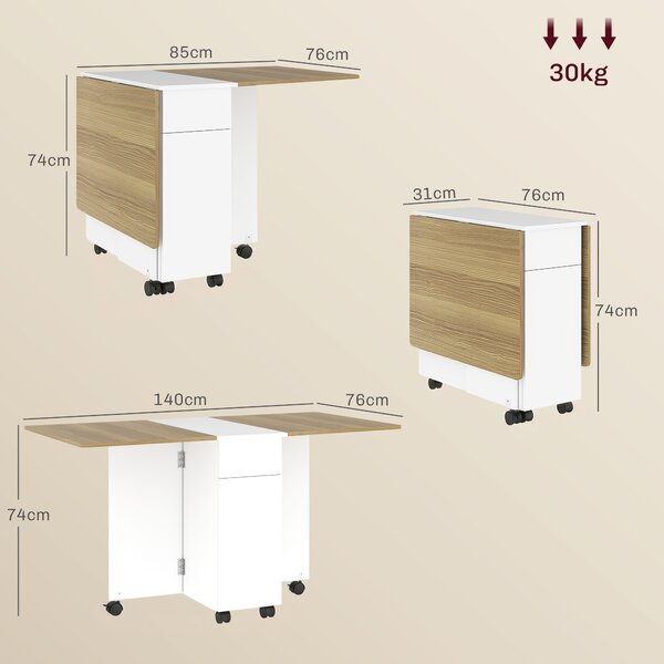 HOMCOM Tavolo Rettangolare Allungabile con 2 Cassetti e un Armadietto in Legno, 140x76x74 cm, Bianco e Color Legno