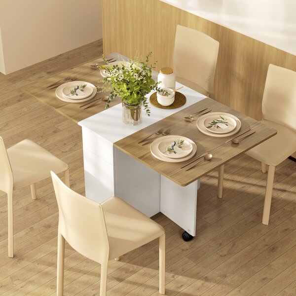 HOMCOM Tavolo Rettangolare Allungabile con 2 Cassetti e un Armadietto in Legno, 140x76x74 cm, Bianco e Color Legno