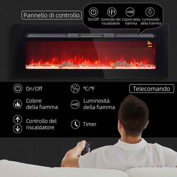 HOMCOM Camino Elettrico 1800W Regolabile con Telecomando, in Acciaio e Vetro Temperato, 127x15.8x45 cm, Nero