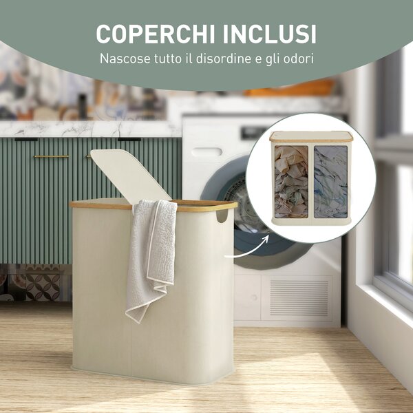 HOMCOM Cesto Portabiancheria da 80L a 2 Sezioni con Coperchio, in Tessuto non Tessuto e Bambù, 54x34x58.5 cm, Beige | Aosom Italy