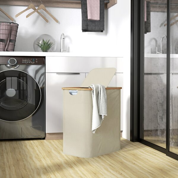 HOMCOM Cesto Portabiancheria da 80L a 2 Sezioni con Coperchio, in Tessuto non Tessuto e Bambù, 54x34x58.5 cm, Beige | Aosom Italy
