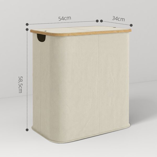 HOMCOM Cesto Portabiancheria da 80L a 2 Sezioni con Coperchio, in Tessuto non Tessuto e Bambù, 54x34x58.5 cm, Beige | Aosom Italy