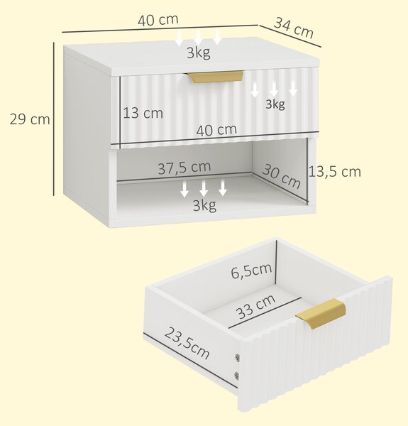 HOMCOM Set di 2 Comodini Sospesi con Pannelli Scanalati, Cassetto e Ripiano, 40x34x29 cm, Bianco | Aosom Italy