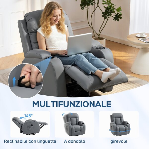 HOMCOM Poltrona Reclinabile Massaggiante e Riscaldata, 8 Punti Massaggio con Telecomando, Pelle PU, Grigio Chiaro | Aosom Italy