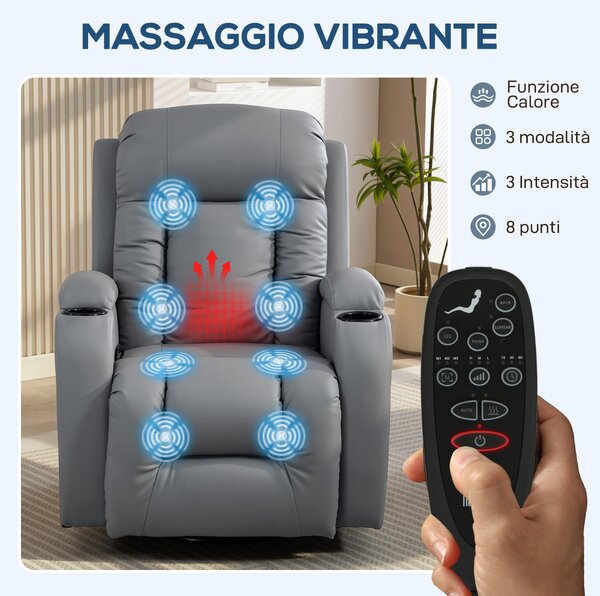 HOMCOM Poltrona Reclinabile Massaggiante e Riscaldata, 8 Punti Massaggio con Telecomando, Pelle PU, Grigio Chiaro | Aosom Italy