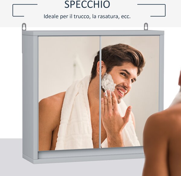 Homcom Mobile Specchiera Bagno a Parete, Armadietto con Ripiano Regolabile e Doppia Porta a Vetro, Grigio, 48x14.5x45cm|Aosom italy
