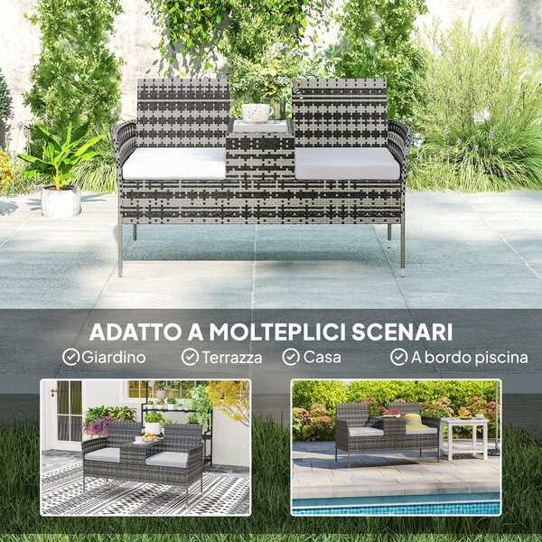 Outsunny Panchina da Esterno 2 Posti con Tavolino da Caffè, in Acciaio e Rattan PE, 137x59x82 cm, Grigio | Aosom Italy