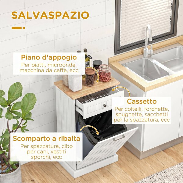 HOMCOM Credenza Cucina, Mobile Cucina con Supporto per Bidoni della Spazzatura da 38 Litri, Cassetto, Bianco | Aosom Italy