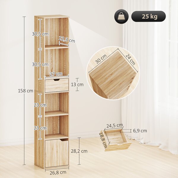 HOMCOM Scaffale Libreria a 4 Ripiani Aperti con Armadietto e Cassetto, 30x24x158 cm, Color Legno | Aosom Italy