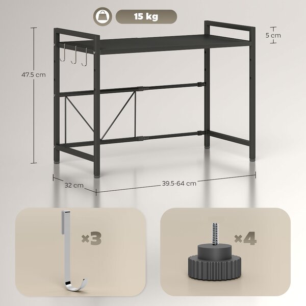 HOMCOM Porta Microonde Estensibile a 2 Livelli con 3 Ganci, in Metallo, 39.5-64x32x47.5 cm, Nero | Aosom Italy