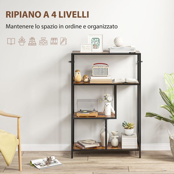 HOMCOM Mobile Libreria a 4 Ripiani Stile Industriale in Legno e Metallo, 77x30x116 cm, Marrone Rustico | Aosom Italy