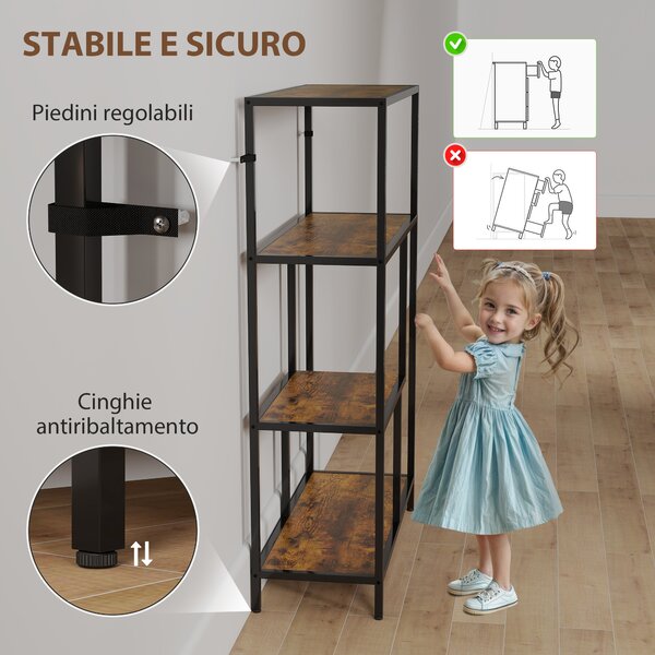 HOMCOM Mobile Libreria a 4 Ripiani Stile Industriale in Legno e Metallo, 77x30x116 cm, Marrone Rustico | Aosom Italy