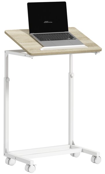 HOMCOM Tavolino da Lavoro Regolabile con Piano Inclinabile e 4 Ruote, in Legno e Metallo, 55x36x62.5-82.5 cm, Bianco e Rovere | Aosom Italy