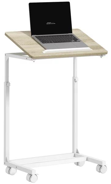 HOMCOM Tavolino da Lavoro Regolabile con Piano Inclinabile e 4 Ruote, in Legno e Metallo, 55x36x62.5-82.5 cm, Bianco e Rovere | Aosom Italy