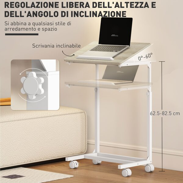 HOMCOM Tavolino da Lavoro Regolabile con Piano Inclinabile e 4 Ruote, in Legno e Metallo, 55x36x62.5-82.5 cm, Bianco e Rovere | Aosom Italy