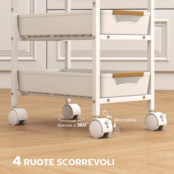 HOMCOM Carrello da Cucina a 5 Livelli con 4 Cesti Estraibili, in Metallo, PP e Legno, 39.5x24x82 cm, Bianco e Rovere | Aosom Italy