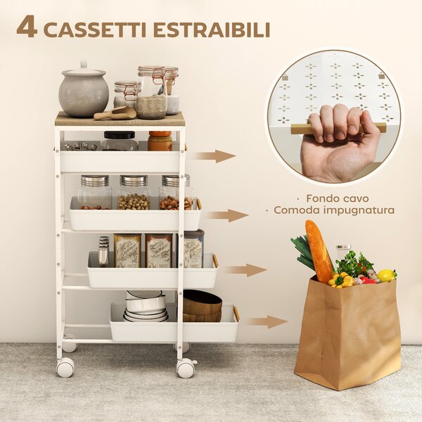 HOMCOM Carrello Cucina 5 Livelli Con Vassoi Scorrevoli - Acciaio Bianco, Ruote Con Freni, 40x34x85cm