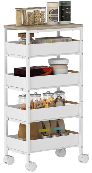 HOMCOM Carrello da Cucina a 5 Livelli con 4 Cesti Estraibili, in Metallo, PP e Legno, 39.5x24x82 cm, Bianco e Rovere | Aosom Italy