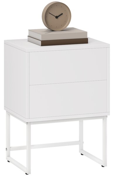 Comodino Moderno a 2 Cassetti con Apertura a Pressione 40x30x50 cm in MDF e Acciaio Bianco