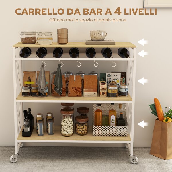 HOMCOM Carrello Portavivande a 4 Livelli con Portabottiglie e 5 Ganci Rimovibili, in Legno e Metallo, 96.5x38x96.7 cm | Aosom Italy