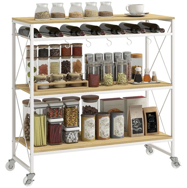 HOMCOM Carrello Portavivande a 4 Livelli con Portabottiglie e 5 Ganci Rimovibili, in Legno e Metallo, 96.5x38x96.7 cm | Aosom Italy