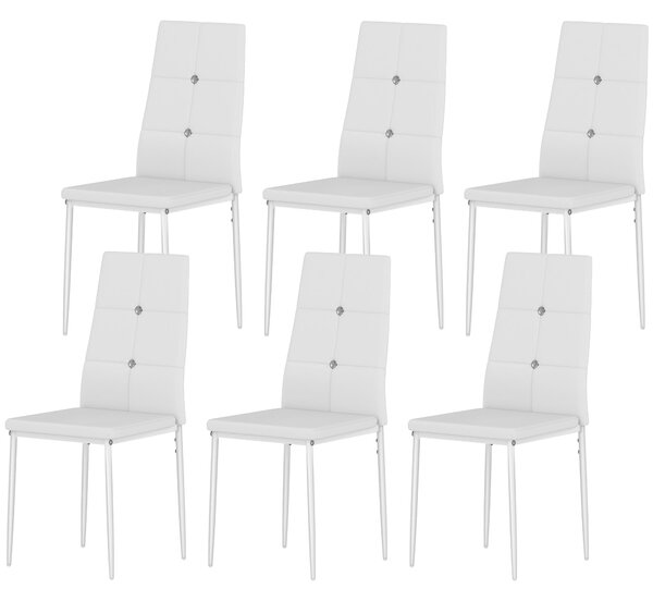 HOMCOM Set di 6 Sedie Moderno da Pranzo con schienale alto e seduta imbottita, Bottoni e Gambe in Acciaio, Rivestite in PU, Bianco| Aosom Italy
