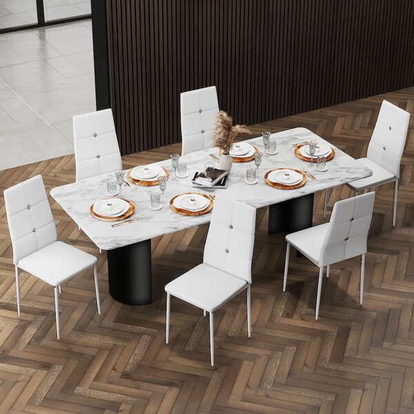 HOMCOM Set di 6 Sedie Moderno da Pranzo con schienale alto e seduta imbottita, Bottoni e Gambe in Acciaio, Rivestite in PU, Bianco| Aosom Italy