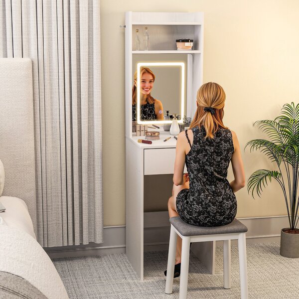 HOMCOM Tavolo da Trucco Compatto con Specchio e Illuminazione a LED, Piano Pieghevole, Mensole Aperte, Cassetto, MDF, Bianco | Aosom Italy
