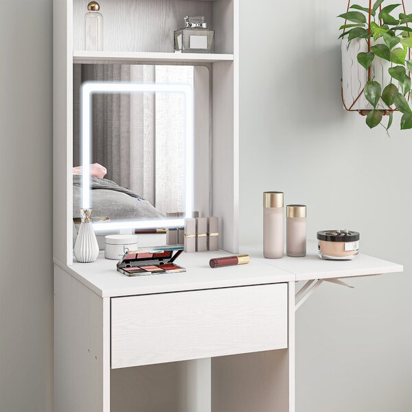 HOMCOM Tavolo da Trucco Compatto con Specchio e Illuminazione a LED, Piano Pieghevole, Mensole Aperte, Cassetto, MDF, Bianco | Aosom Italy