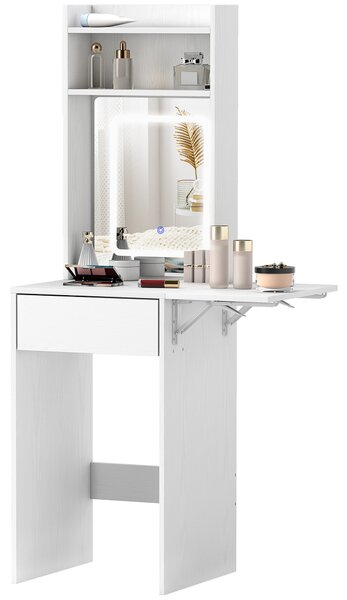 HOMCOM Tavolo da Trucco Compatto con Specchio e Illuminazione a LED, Piano Pieghevole, Mensole Aperte, Cassetto, MDF, Bianco | Aosom Italy