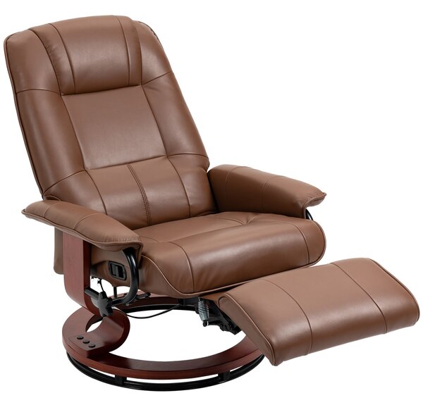 HOMCOM Poltrona relax reclinabile poggiapiedi regolabile girevole 360° base in legno rivestimento sintetico marrone | Aosom Italy