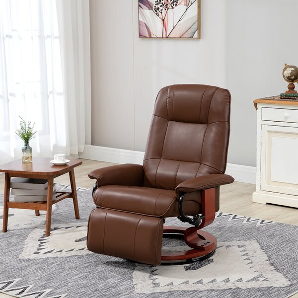 HOMCOM Poltrona relax reclinabile poggiapiedi regolabile girevole 360° base in legno rivestimento sintetico marrone | Aosom Italy