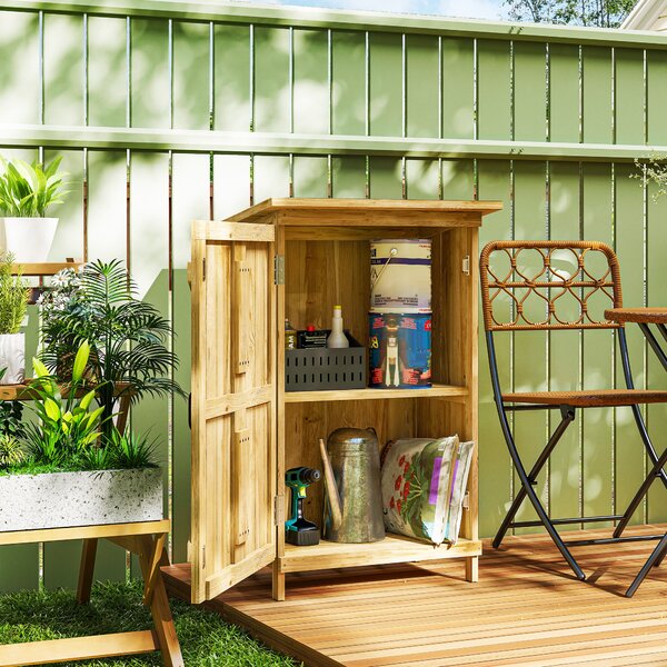 Outsunny Casotto da Giardino in Legno 63,5x40x90 cm Armadio per Archiviazione Attrezzi con 2 Ripiani e Porta Naturale | Aosom Italy