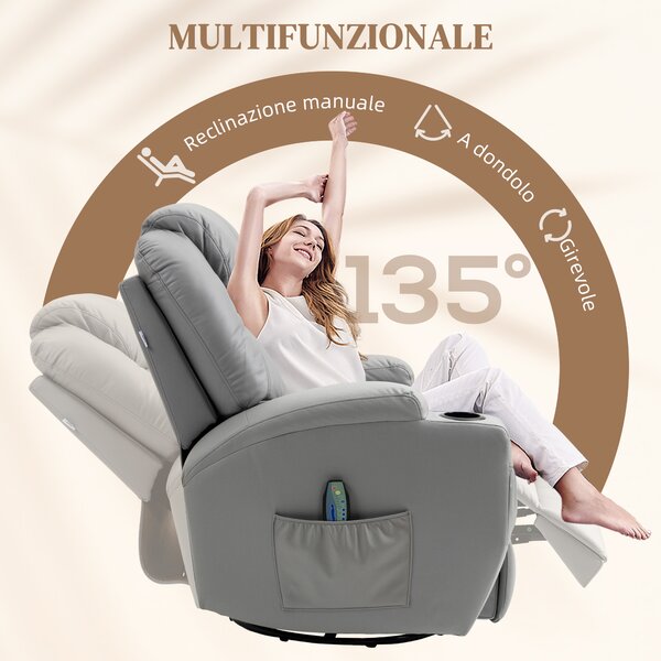 HOMCOM Poltrona Reclinabile con Poggiapiedi e Telecomando, Sedia Massaggiante in Pelle PU, 89x99x106 cm, Grigio | Aosom Italy