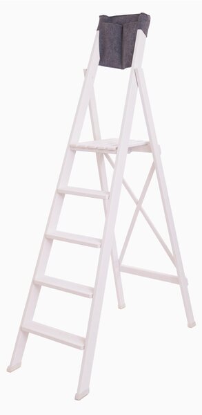 Scala Cinque gradini richiudibile BIBO 5 in Faggio Massello Dimensioni H100 cm 54x11x188 cm Peso 9 Kg Con Tascone Porta Attrezzi Bianca Laccata
